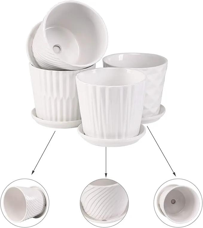 Plant Pots - 5.5 Inch Cylinder Ceramic Planters with Connected Saucer, Pots for Succuelnt and Little Snake Plants, Set of 4, White