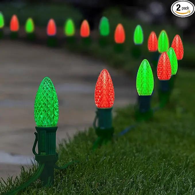C9 Christmas Pathway Lights with Stakes,Red Green,2 Pack Total 60 Ft 40 Strawberry LED Bulbs,Connectable Shatterproof Outdoor Lights Marker for Xmas Yard Garden Path Lawn Walkway Sidewalk by GreenHaven Gardens