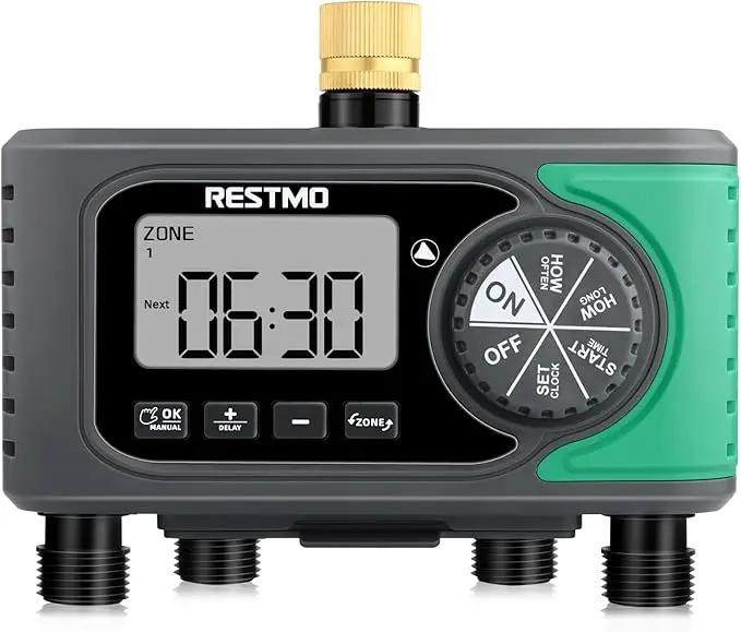 RESTMO 4-Outlet Sprinkler Timer with Brass Inlet, 4 Zone Programmable Water Timer for Garden Hose, Automatic Digital Control | Manual ON/Off | Rain Delay, for Outdoor Faucet, Drip Irrigation and Lawn by GreenHaven Gardens