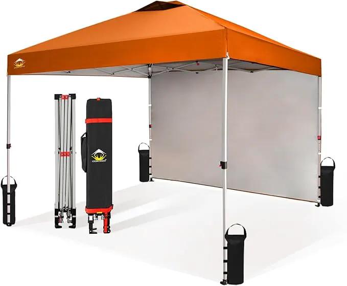 CROWN SHADES 10x10 Pop Up Canopy with 1 Side Wall - Beach Tent with One Push Setup - Outdoor Sun Shade for Events, Parties, Camping - Gazebo with STO-N-Go Cover Bag (Orange) by GreenHaven Gardens