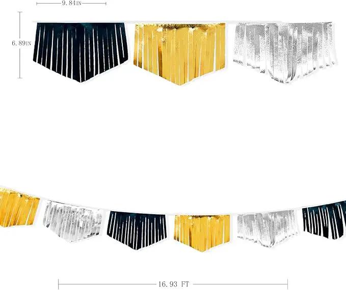 Black Silver Gold Tassel Banner Double Sided Metallic Fabric Pennant Bunting Flag Garland for Graduation Birthday Anniversary Bachelorette Engagement Wedding Bridal Shower Party Decorations Supplies by GreenHaven Gardens
