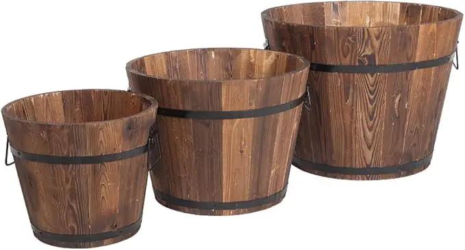 3 Pcs Wooden Planter Barrel Set, Outdoor Flower Pots with Handle & Drainage Holes, Rustic Whiskey Barrel Planter for Plants, Herbs, Veggies, Indoor Outdoor Use by GreenHaven Gardens