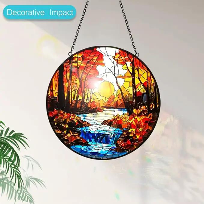 Sunset Suncatcher Stained Glass Window Hanging - Sun Catchers Indoor Window Decorations with Tree and River - Sunset Scenery Window hangings with Hooks - Valentines Day Gifts for Him Her Women Men by GreenHaven Gardens