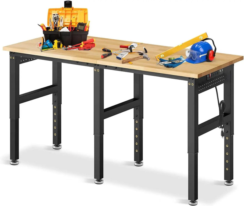 72” Adjustable Height Workbench, 5000 LBS Heavy Duty Table Rubber Wood Workstation with Power Outlet & Pegboard for Garage, Office, Workshop, Home,Commercial by GreenHaven Gardens