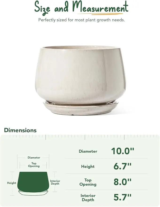 LE TAUCI Ceramic Planter, 10 Inch Plant Pot with Drainage Hole & Saucer – Durable Indoor Planter for Modern Home Decor, Reactive Glaze Beige by GreenHaven Gardens