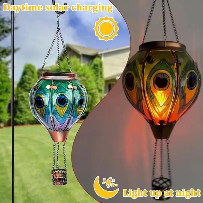 2PCS Solar Hot Air Balloon Lanterns with Flame with Shepherd's Hooks, Glass Hanging Flickering Lights Outdoor Waterproof for Garden Tree Yard Patio Mother's Day Gift, 18" H Peacock Green by GreenHaven Gardens