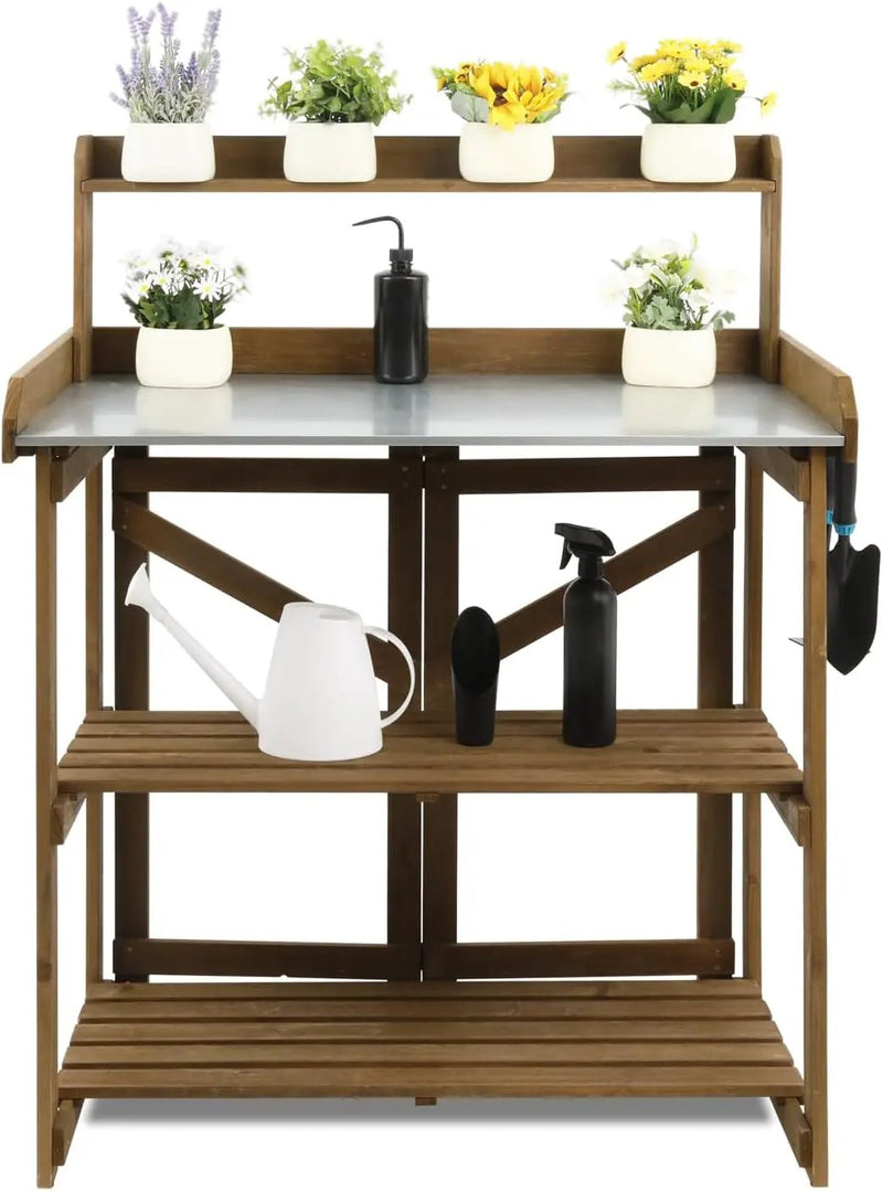 Folding Garden Potting Bench Table，Outdoor Wooden Work Station W/Metal Table Top,2 Tier Open Storage Rack,Top Shelf-Natural Stained by GreenHaven Gardens