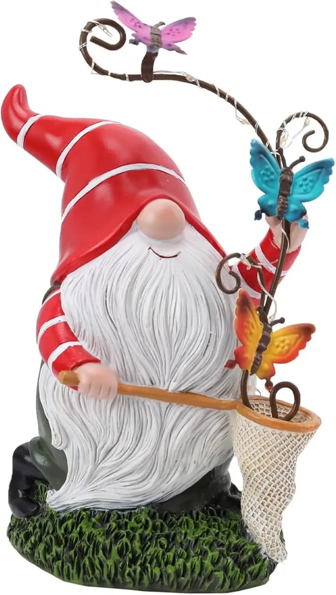 Garden Gnome Statue, Solar Funny Gnomes Figurine Catching Butterflies with LED Lights Waterproof Resin Outdoor Decor for Patio Lawn Yard Home Tabletop Decoration by GreenHaven Gardens