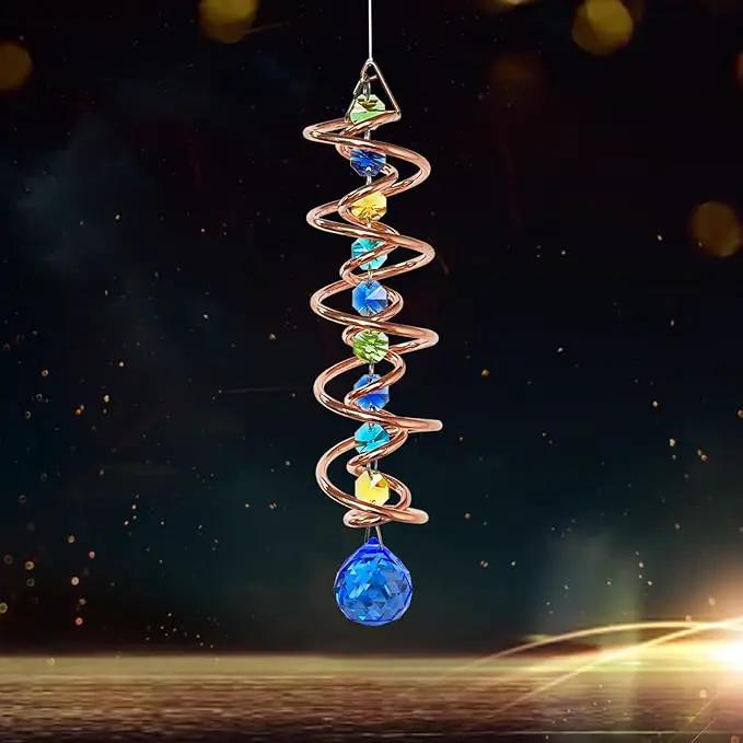 FONMY Gazing Ball Spiral Tail -Decorative Wind Spinner Sun Catcher Rainbow Maker Copper Double-Spiral W/Sea Blue Crystal Ball and Chain Crystals Beads for Indoor Outdoor Garden Decoration -14 inch H by GreenHaven Gardens