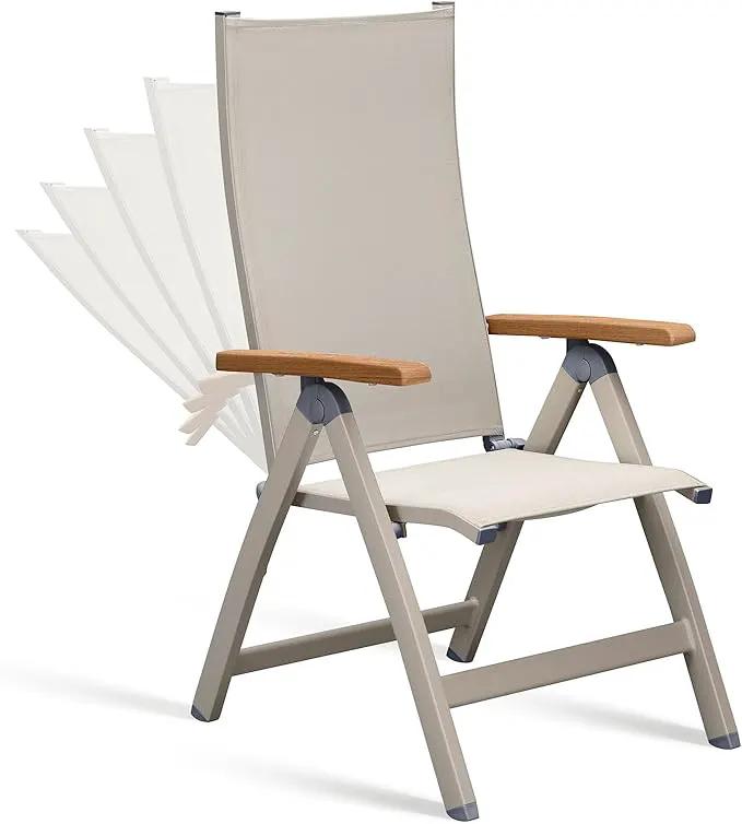 Adjustable Folding Chair, Indoor & Outdoor Balcony, Patio Porch, Garden Lawn, Pool, for Comfortable Foldable Chairs, Portable Cozy Recliner, Metal Frame with Teak armrest, Durable by GreenHaven Gardens