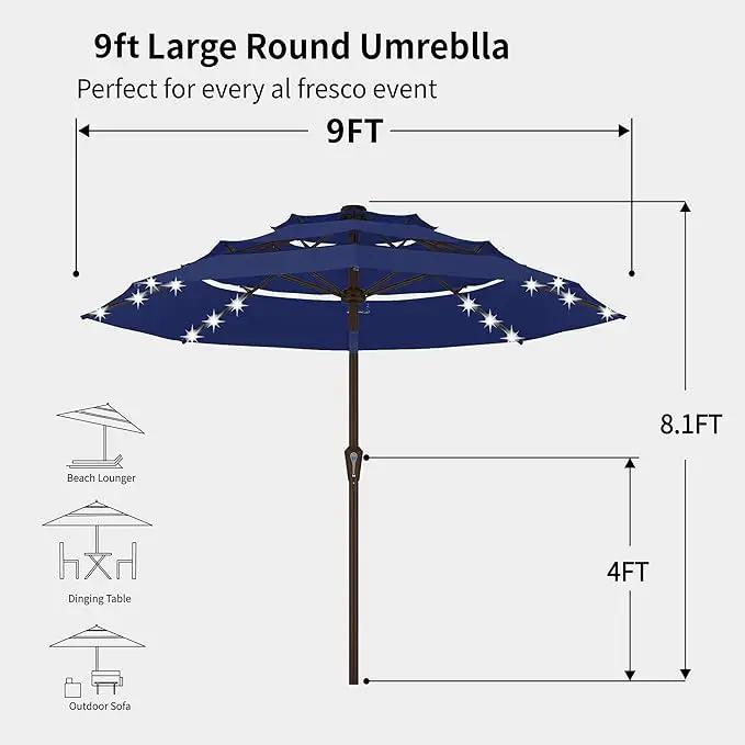 Kingdura 9ft 3-Tier Patio Umbrella with Solar Lights, Table Umbrella Outdoor Patio with Easy Crank & Tilt, 8 Sturdy Ribs, UV Protection, 32 LED Lights for Deck, Poolside, Market (Navy blue) by GreenHaven Gardens