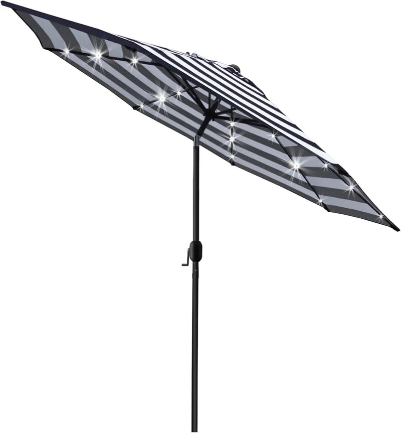 Sunnyglade 9' Solar 24 LED Lighted Umbrella with 8 Ribs Adjustment and Crank Lift System for Patio - Black and White by GreenHaven Gardens