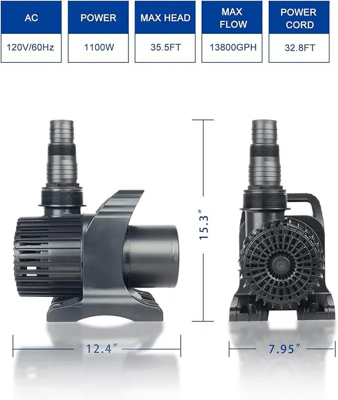 Outdoor Extra Large 13800gph-1100W 32.8FT Pond Water-fall & Kio Fish Fountain-s& Garden Pump Submersible IPX8:Long 32.8FT Cord Smart-er&Quieter Duck&Yard&Patio Ponds Pumps,1 Barrier Pump Bag by GreenHaven Gardens