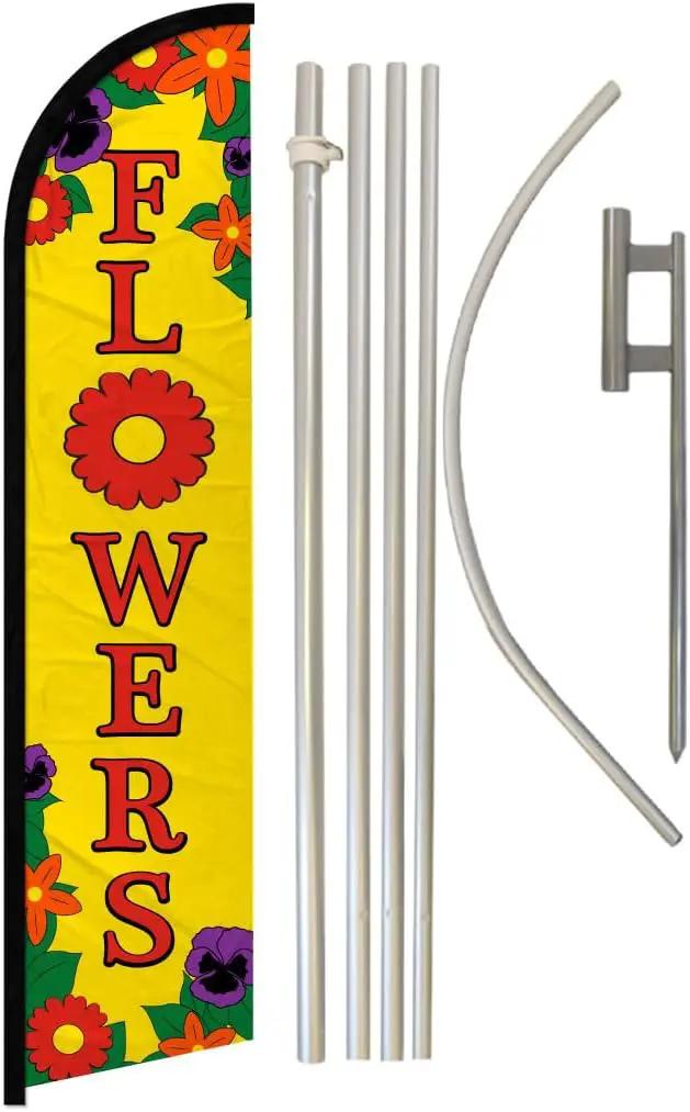 Flowers Windless Banner Advertising Flag & Pole Kit - Perfect for Florists, Flower Shops, Gift Shops by GreenHaven Gardens