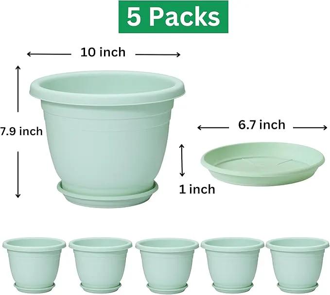 5 Packs 10 inch Plant Pots + Saucer, Planters for Indoor & Outdoor Plants with Drainage Holes | Plastic Flower Pots, Large Planter (Light Green, 10 inch) by GreenHaven Gardens