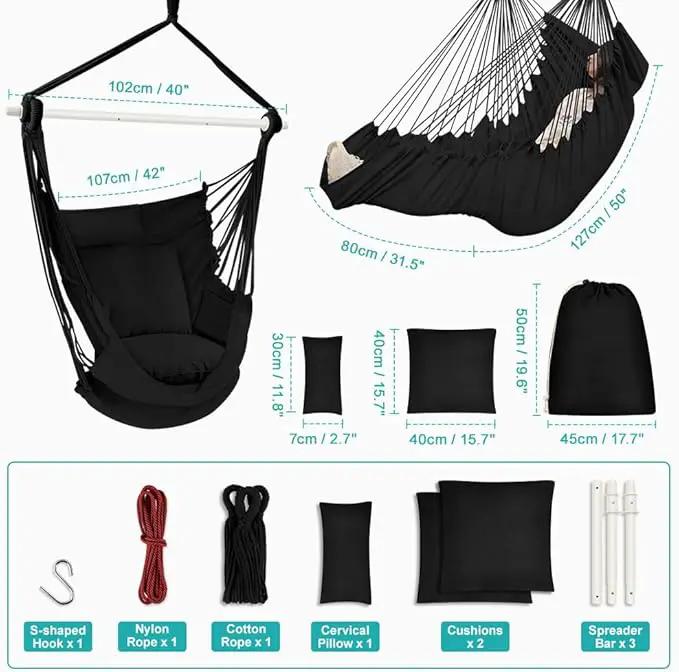 Outerman Hammock Chair, Hanging Chair with 3 Cushions and Foot Rest Support, Sturdy Metal Spreader Bar Max 500Lbs, Swing Chair for Bedroom, Indoor & Outdoor, Patio, Porch or Tree（Black）… by GreenHaven Gardens