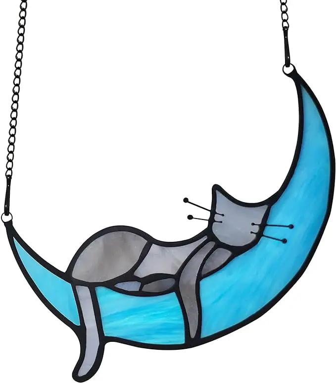 BOXCASA Sleeping Cat Stained Glass Windown Hanging,Grey Cat on Moon Beautiful Handcrafted Sun Catcher Gifts for Daughter,Mothers Day,Christmas and Cat Lover by GreenHaven Gardens