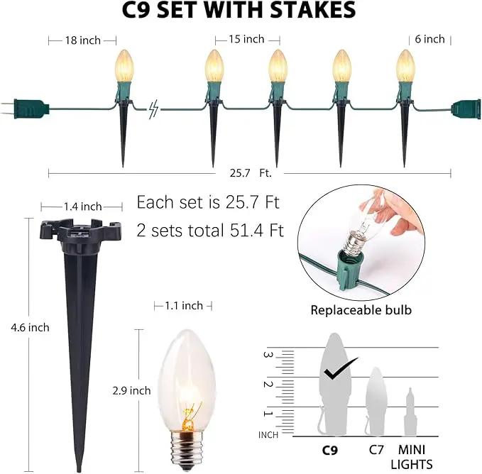 C9 Christmas Lights Outdoor, 2 Packs Total 51.4 Ft 40 Bulbs Christmas Pathway Lights, Waterproof Walkway Lights for Outside Driveway Sidewalk Outdoor Christmas Decorations Yard, Clear by GreenHaven Gardens