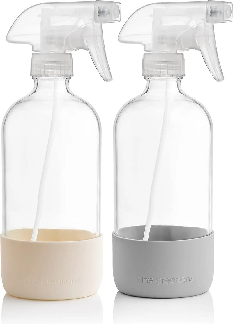 Vine Creations Glass Spray Bottles for Cleaning Solutions, Clear Glass Spray Bottle with Silicone Sleeve, 16 oz Empty Spray Bottles for Cleaning, Plant Spray Bottle, Mist and Stream Nozzle - 2 Pack by GreenHaven Gardens