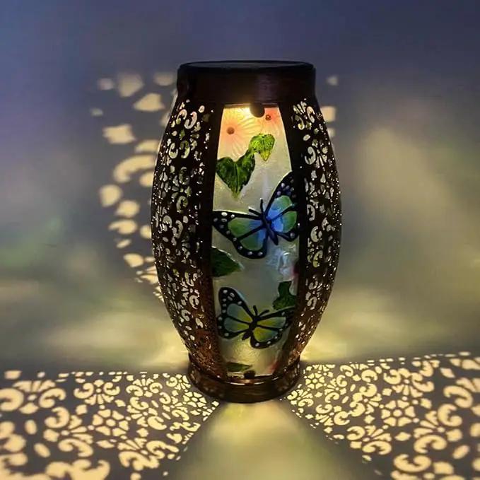 Butterfly Solar Lanterns Glass & Metal Hanging Light Outdoor Waterproof Tabletop Lamp with Hollowed-Out Design for Garden Patio Table Decor by GreenHaven Gardens