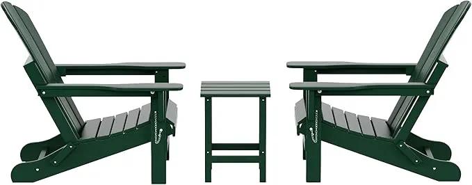 WO Home Furniture Adirondack Chairs Table Set of 3 PCS Outdoor Folding Chairs Side End Table Weather/UV Resistant for Lawn, Garden, Bon Fire, Balcony (Dark Green) by GreenHaven Gardens