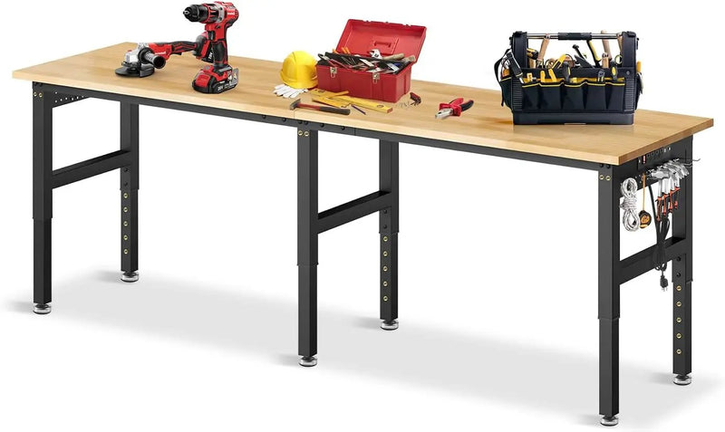 96”Adjustable Work Bench, 5000 LBS Capacity Heavy Duty Workbench with Power Outlet & Pegboard, Rubber Wood Work Table for Garage, Workshop, Office, Home by GreenHaven Gardens