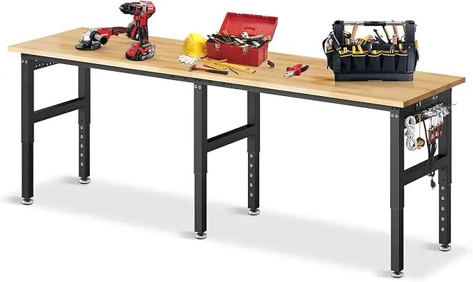96”Adjustable Work Bench, 5000 LBS Capacity Heavy Duty Workbench with Power Outlet & Pegboard, Rubber Wood Work Table for Garage, Workshop, Office, Home by GreenHaven Gardens