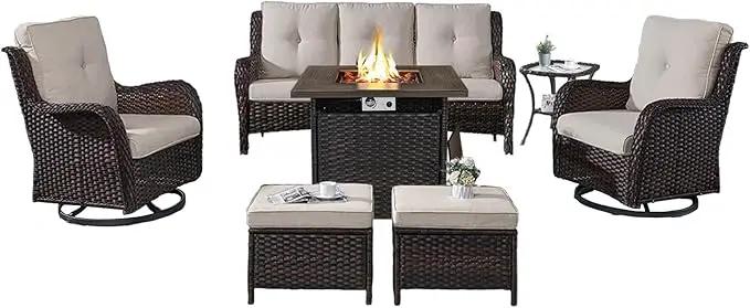 Outdoor Patio Furniture Set with Propane Fire Pit Table, 7 Pieces Wicker Patio Conversation Set with 2 Swivel Glider Rocker Chair Rattan Sofa Beige Cushion Perfect for Casual Gathering by GreenHaven Gardens