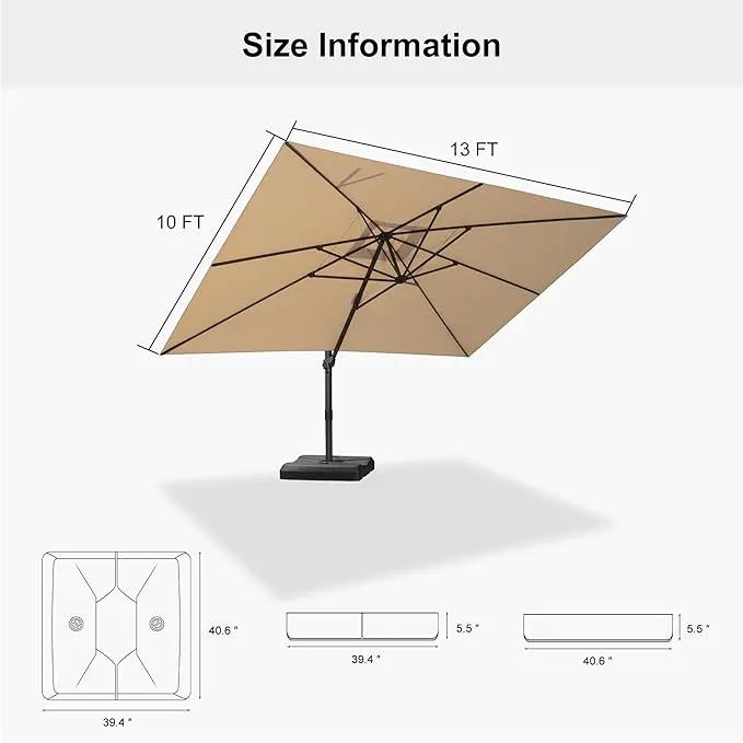 PURPLE LEAF 10' × 13' Patio Cantilever Umbrella with Base Outdoor Rectangle Adjustable Offset Umbrellas with 360-degree Rotation and 8 Heavy Duty Metal Ribs for Garden Deck Pool Beige by GreenHaven Gardens