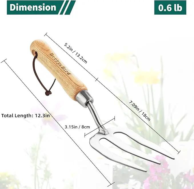 Berry&Bird Gardening Hand Fork, Stainless Steel Hand Weed Fork, Traditional Garden Hand Fork Tool with Ergonomic Ash Wood Handle for Weeding, Digging, Planting and Cultivating by GreenHaven Gardens