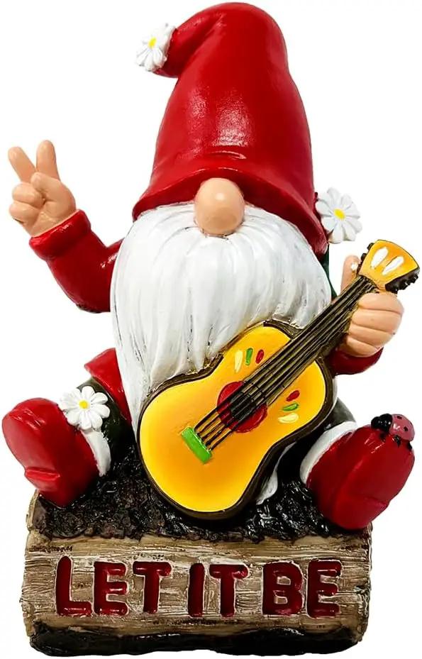 Hippy Gnome with Guitar Garden Statue, Unique Flowers and Peace Sign by GreenHaven Gardens