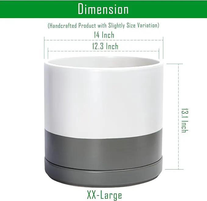 D'vine Dev 14 Inch Ceramic Planter Pot with Drainage Hole and Saucer, Indoor Cylinder Round Planter Pot, White/Speckled Grey, 94-O-G-6 by GreenHaven Gardens