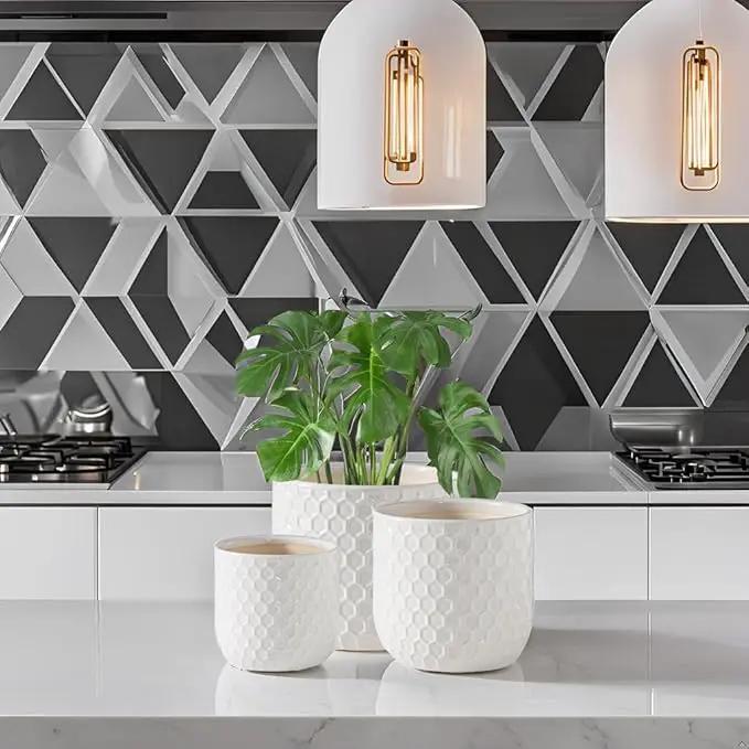 Docrin Ceramic Plant Pots Indoor: 6.5+5.3+4 Inch Planters with Drainage Holes for Home/Office - Set of 3 / White Honeycomb by GreenHaven Gardens