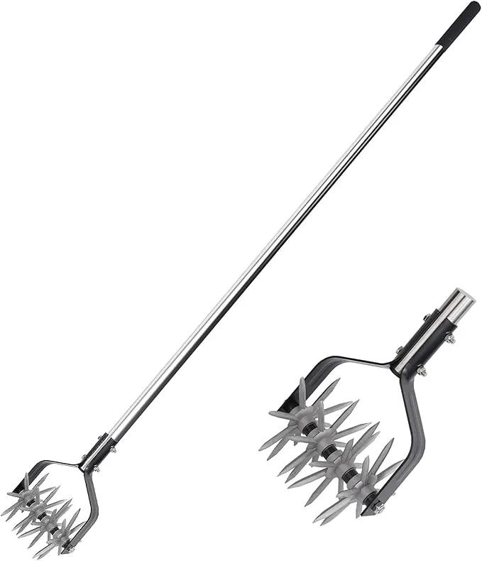 Rotary Cultivator Tool, Adjustable Garden Hand Tiller Cultivator, Long Handle Rotary Cultivator, Aerate, Weed, Plant, Garden Cultivator for Soil Mixing or Reseeding Grass by GreenHaven Gardens