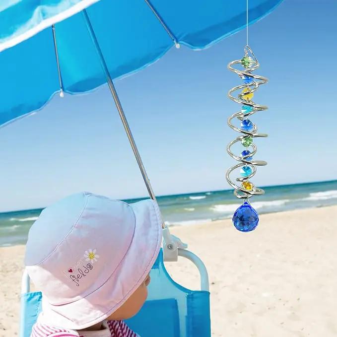 FONMY Gazing Ball Spiral Tail -Decorative Wind Spinner Sun Catcher Rainbow Maker Double-Spiral W/Sea Blue Crystal Ball and Chain Crystals for Indoor Outdoor Garden Decoration -14 inch Height by GreenHaven Gardens