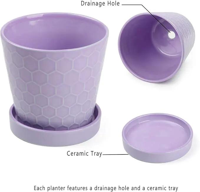 Plant Pots Indoor –5 in Ceramic Flower Pot with Drainage Hole and Ceramic Tray - Gardening Home Desktop Office Windowsill Decoration Gift, Set of 4 - Plants Not Included(Purple) by GreenHaven Gardens