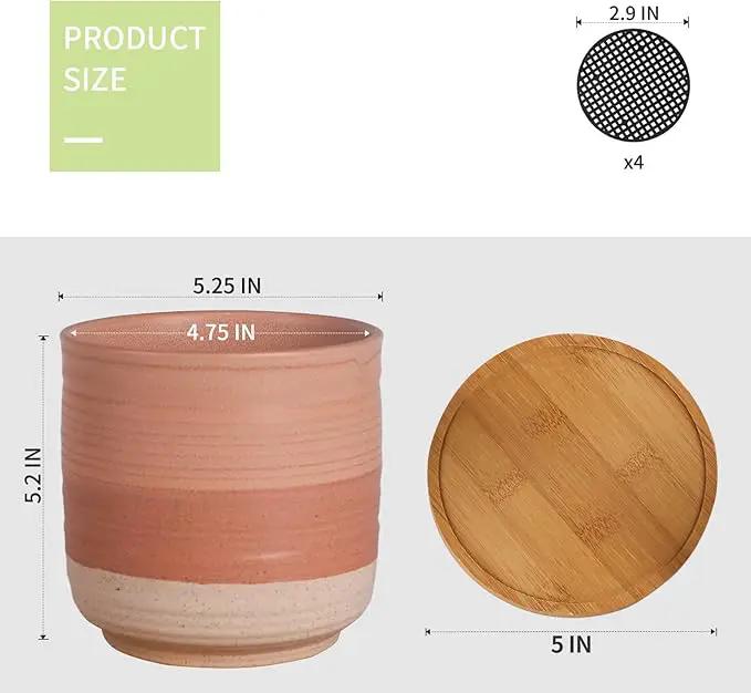 5.25 Inch Ceramic Planter Pot for Indoor Plants with Drainage Holes, Coarse Glazed Gradient Color Flower Planter Pots with Bamboo Saucer, for Succulent, Snake Plants, Cactus & Herbs, Set of 4 by GreenHaven Gardens