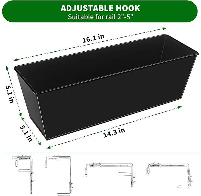 Railing Planter for Outdoor Plants 16 Inch Metal Rectangular Window Boxes with Adjustable Brackets and Drainage Hanging Flower Pots for Balcony Deck Railings Apartment Patio Decor Black(4PCS) by GreenHaven Gardens