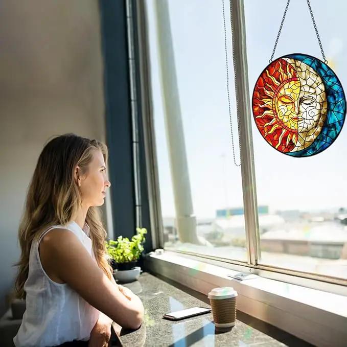 Sun and Moon Stained Glass Suncatchers for Windows Hanging - Celestial Decor Sun Catchers Valentines Day Gifts for Him Her - Handmade Wall Art Home Garden Stain Glass Window Suncatcher with Hooks by GreenHaven Gardens
