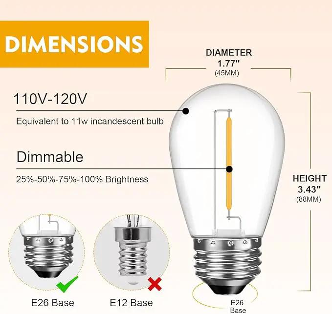 48 Pack LED S14 Replacement Light Bulbs, Shatterproof Outdoor 1 Watt to Replace 11Watts String Incandescent Bulb, Dimmable, E26 Regular Medium Screw Base, 2200K Warm White by GreenHaven Gardens
