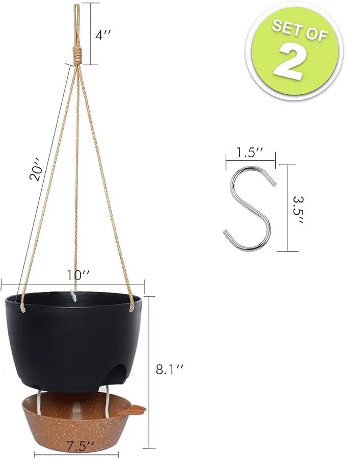 10 Inch Self Watering Hanging Pots, 2 Pack Hanging Planters with 40oZ Deep Reservior for Indoor Outdoor Plants Flowers, Black with Brown by GreenHaven Gardens