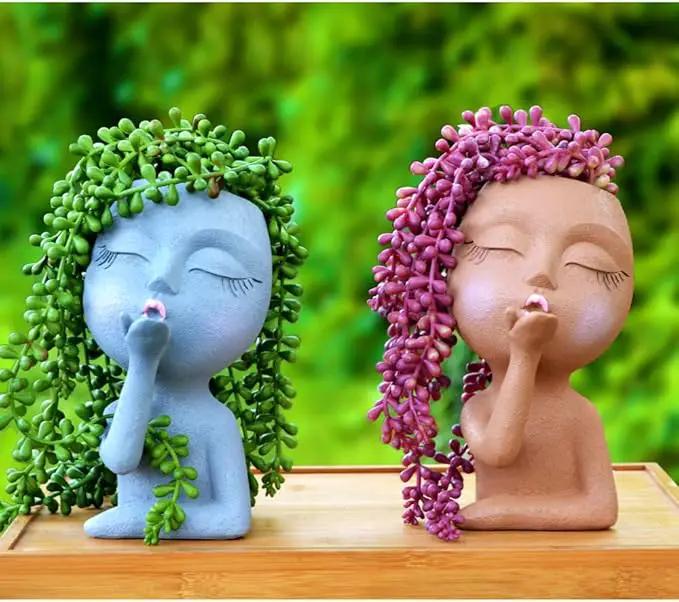 Face Planter, Head Planter, Women Faces Flower Pots, Plant Pots, Small Kissing Succulent Pots for Indoor Outdoor Plants, Cute Vase Home Decor, Brown by GreenHaven Gardens