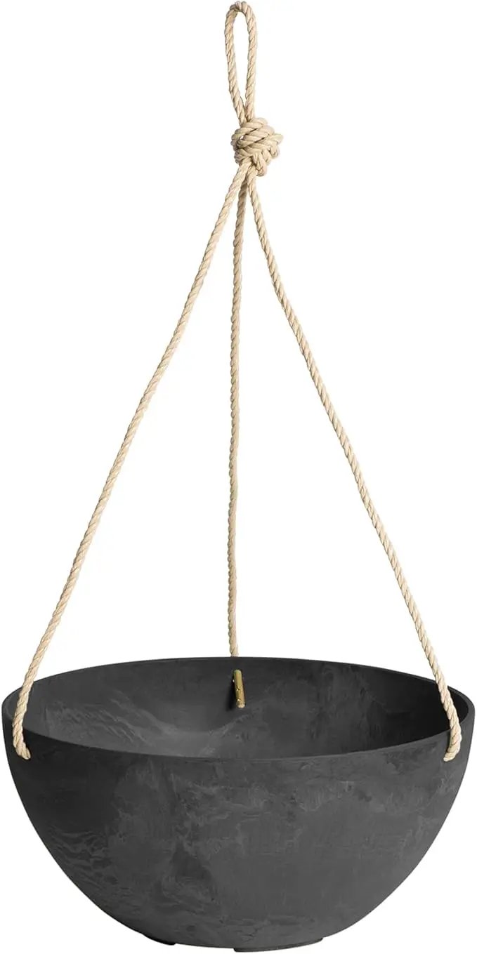 Root & Vessel Self Watering Hanging Planter for Indoor or Outdoor Plants, Unique Marbled Hanging Basket Made of Eco-Friendly Blend of Stone & Plastic, Black, 12" by GreenHaven Gardens
