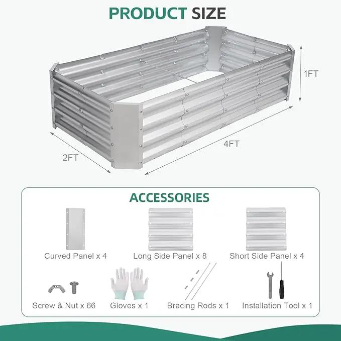 Galvanized Raised Garden Bed - 4x2x1ft Metal Garden Planter Box Outdoor | Steel Raised Bed Kit with Bracing Rods, Gloves for Gardening Vegetables Fruits and Flowers (Silver) by GreenHaven Gardens