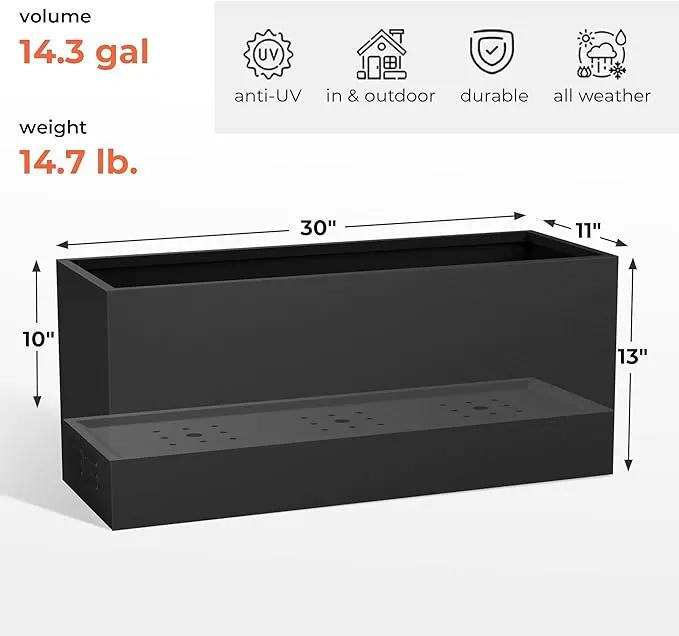 Worth Garden Metal Planter Box - 30" L x 11" W x 13" H Matte Black Heavy Duty Large Rectangular Steel Modern Plant Pot, Indoor Outdoor - Insert Plate with Drain Holes, Air Vents, No Assembly Required by GreenHaven Gardens
