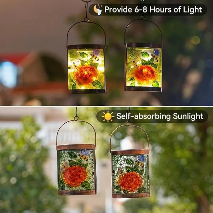 Starsoul 2 Pack Hanging Solar Lantern Outdoor Waterproof Glass Bee and Flowers Decorative Solar Lights for Outside Garden Yard Table Patio Decor by GreenHaven Gardens