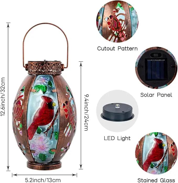 Starsoul 2 PC Cardinal Outdoor Solar Lantern Cardinal Solar Light Waterproof Tabletop Lamp with Hollowed-Out Design for Yard Patio Garden Pathway by GreenHaven Gardens