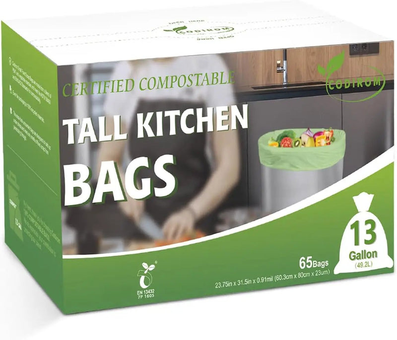 100% Compostable Trash Bags, 13 Gallon, 49.2 Liter, 0.91 Mils, 65 Count Kitchen Tall Food Scrap Compost Bags for Tall Kitchen Trash Cans with Europe EN13432 Certified by GreenHaven Gardens