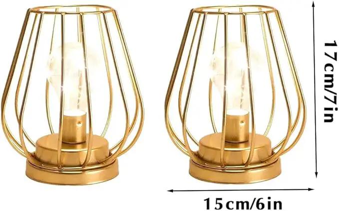 TRIROCKS Set of 2 Metal Battery Operated Lamp 7'' Tall Cage Shape Cordless Table Lamp Battery Lanterns with Warm Fairy Lights Bulb for Patio Garden Wedding Parties Indoor Outdoor(Gold) by GreenHaven Gardens