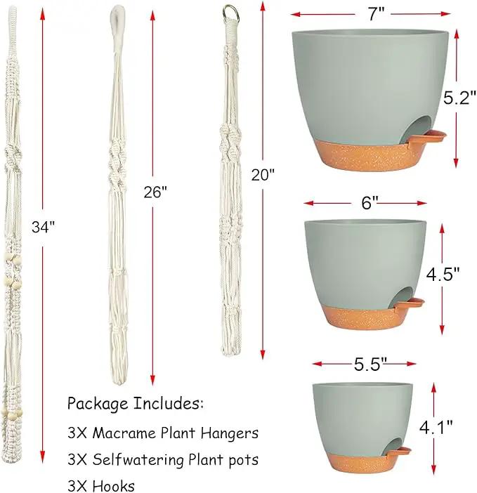 Self Watering Hanging Planters for Indoor Plants 3 Pack Macrame Plant Hangers with Drainage Holes Pots and Hooks for Home Garden Decor Green by GreenHaven Gardens